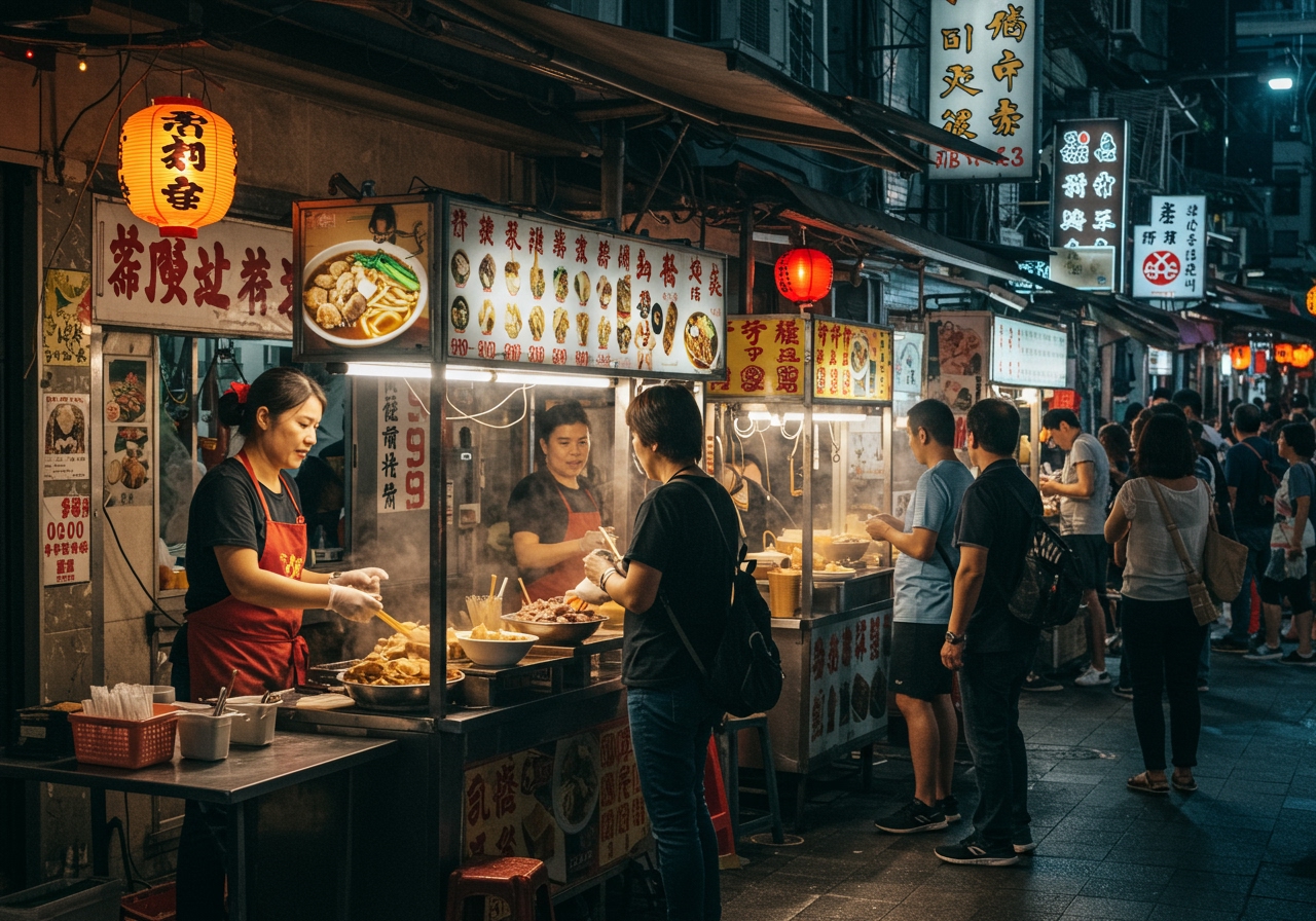 A street food scene in Taiwan, with vendors selling various dishes, including potentially a glimpse of a busy 牛肉麵 stall.