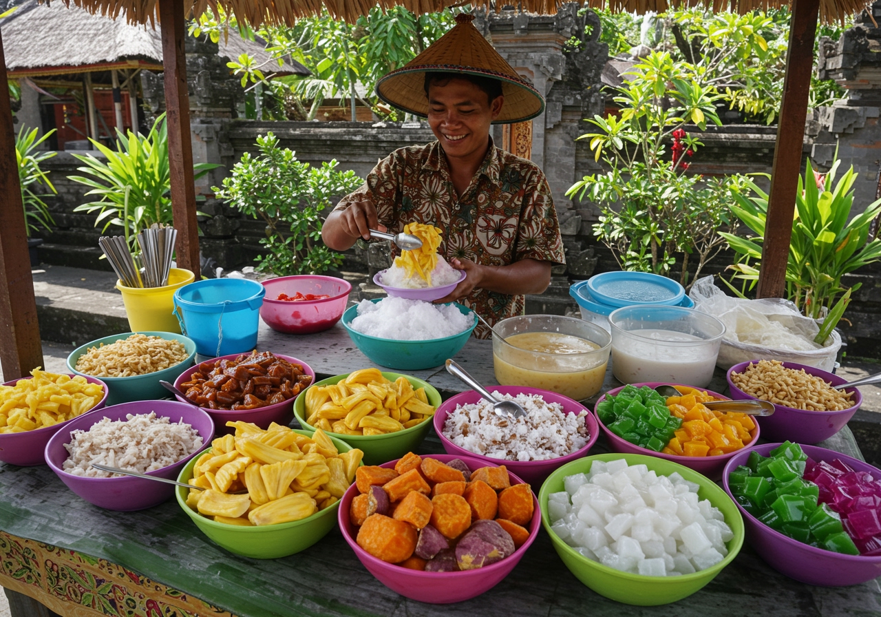 A street vendor in Bali preparing Es Campur, with bowls of colorful ingredients displayed. The vendor is scooping shaved ice into a bowl.