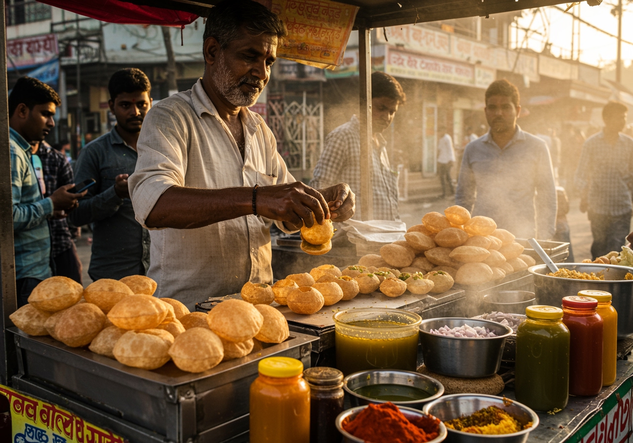 A street vendor in India skillfully preparing Pani Puri, filling the puris with spiced water.