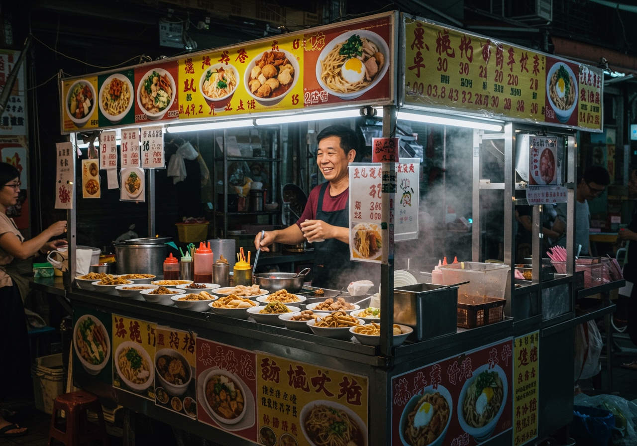 A street vendor in Taiwan selling various types of Liang Mian from a stall