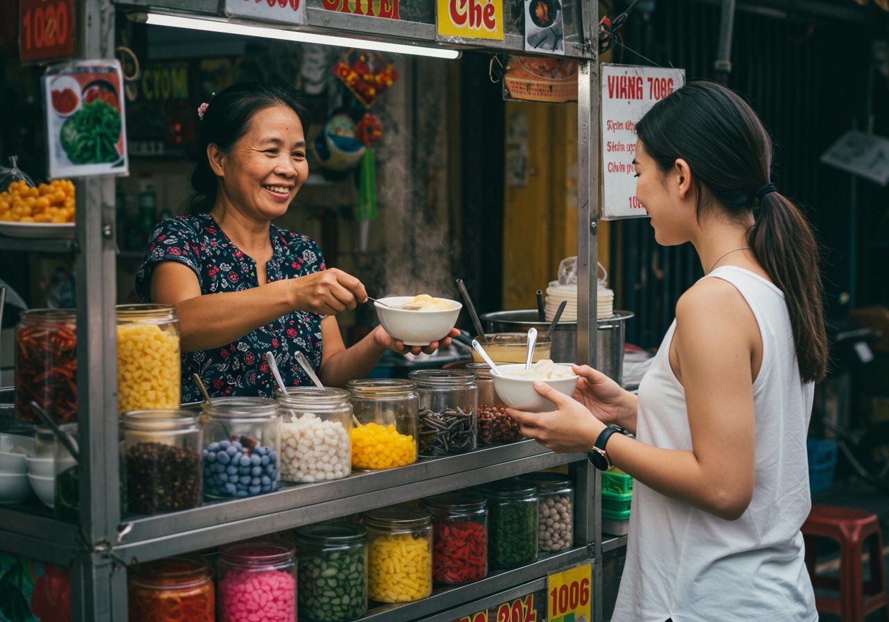 A street vendor in Vietnam serving a bowl of Chè to a customer. The stall is colorful with various ingredients displayed in containers.