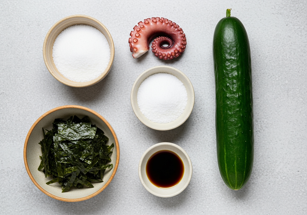 A styled flat lay of the ingredients needed for Takosu: cooked octopus, a cucumber, a small bowl of vinegar, sugar, soy sauce, salt, and possibly optional items like ginger or wakame.