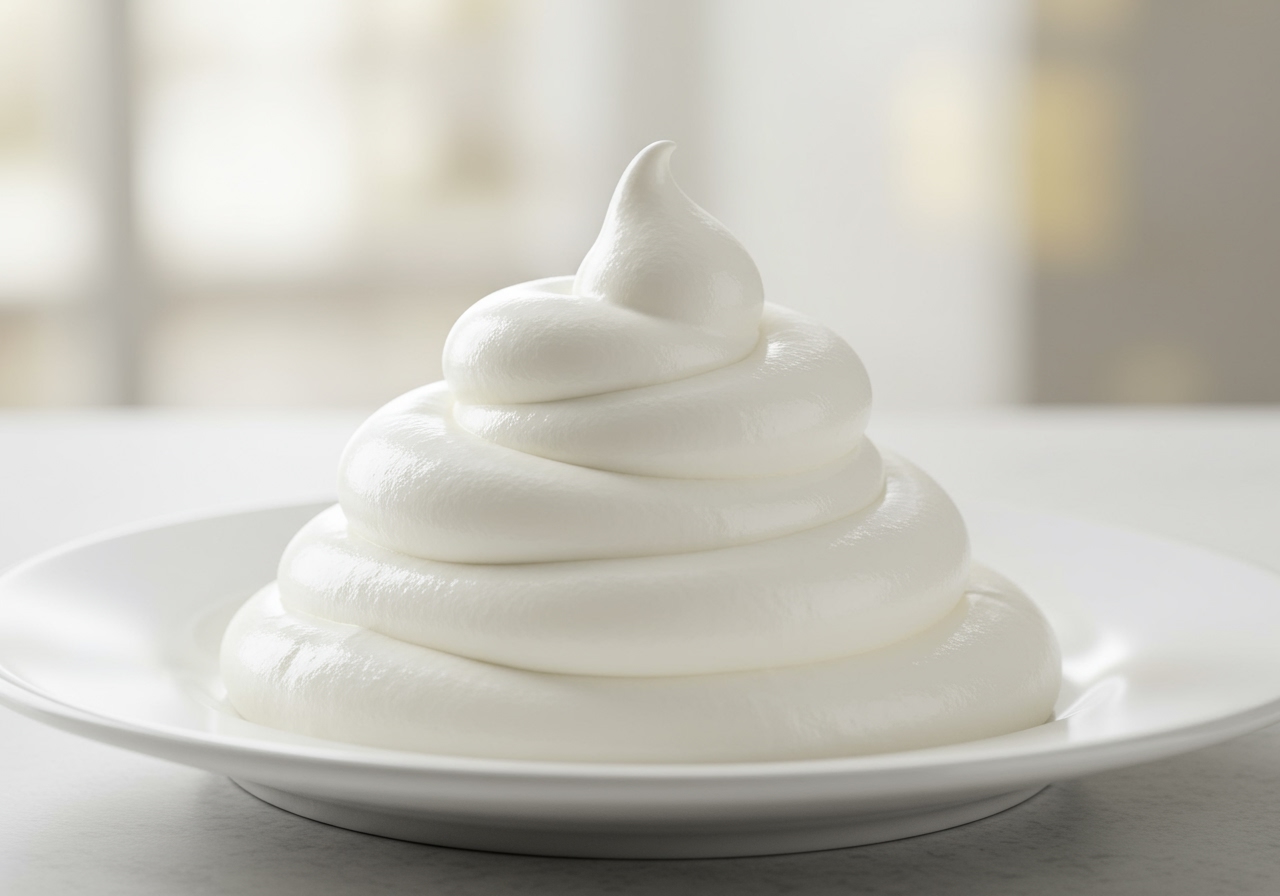A swirl of perfectly whipped cream on a plate, looking light and fluffy.