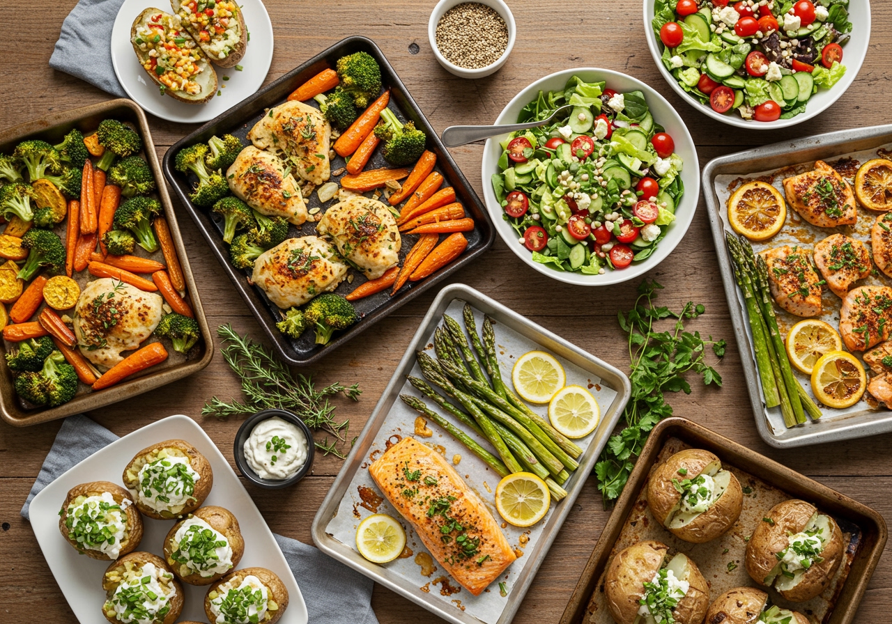 A table laden with various easy-to-make dishes, some likely from sheet pan meals, showing the versatility of the technique for quick dinners and meal prep.