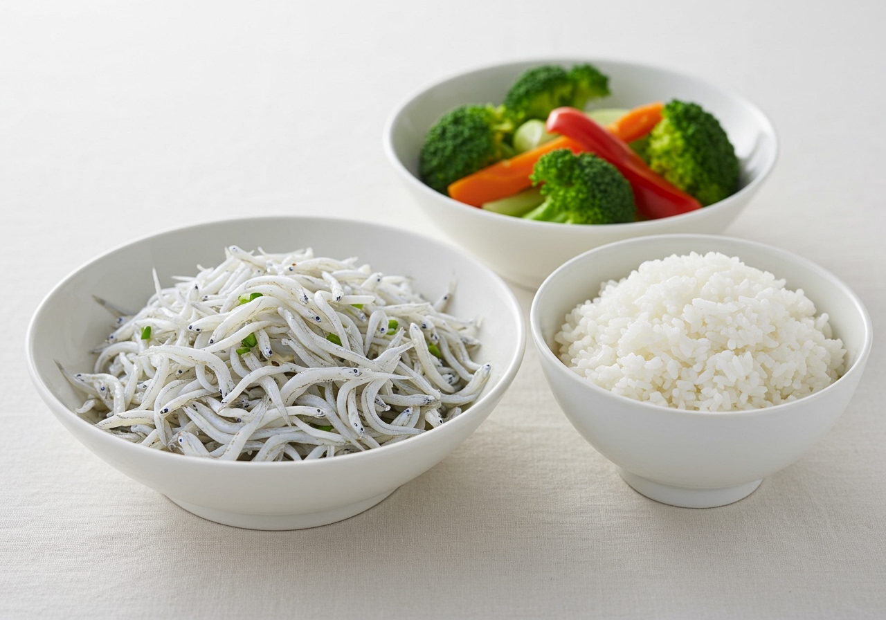 A table setting featuring a bowl of white fish sake steam, a bowl of rice, and a simple vegetable side dish, suggesting a complete healthy meal.