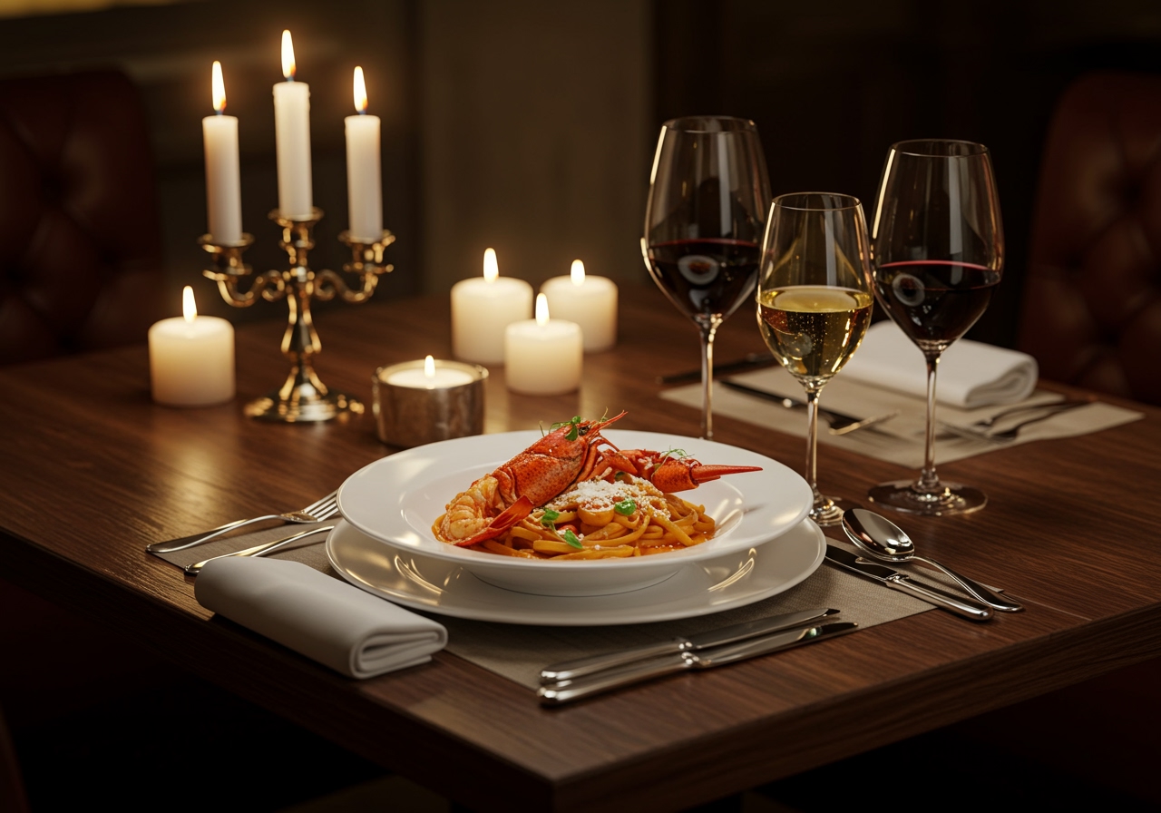 A table setting for a special occasion dinner, with the finished lobster pasta dish as the centerpiece, maybe with wine glasses and candles.