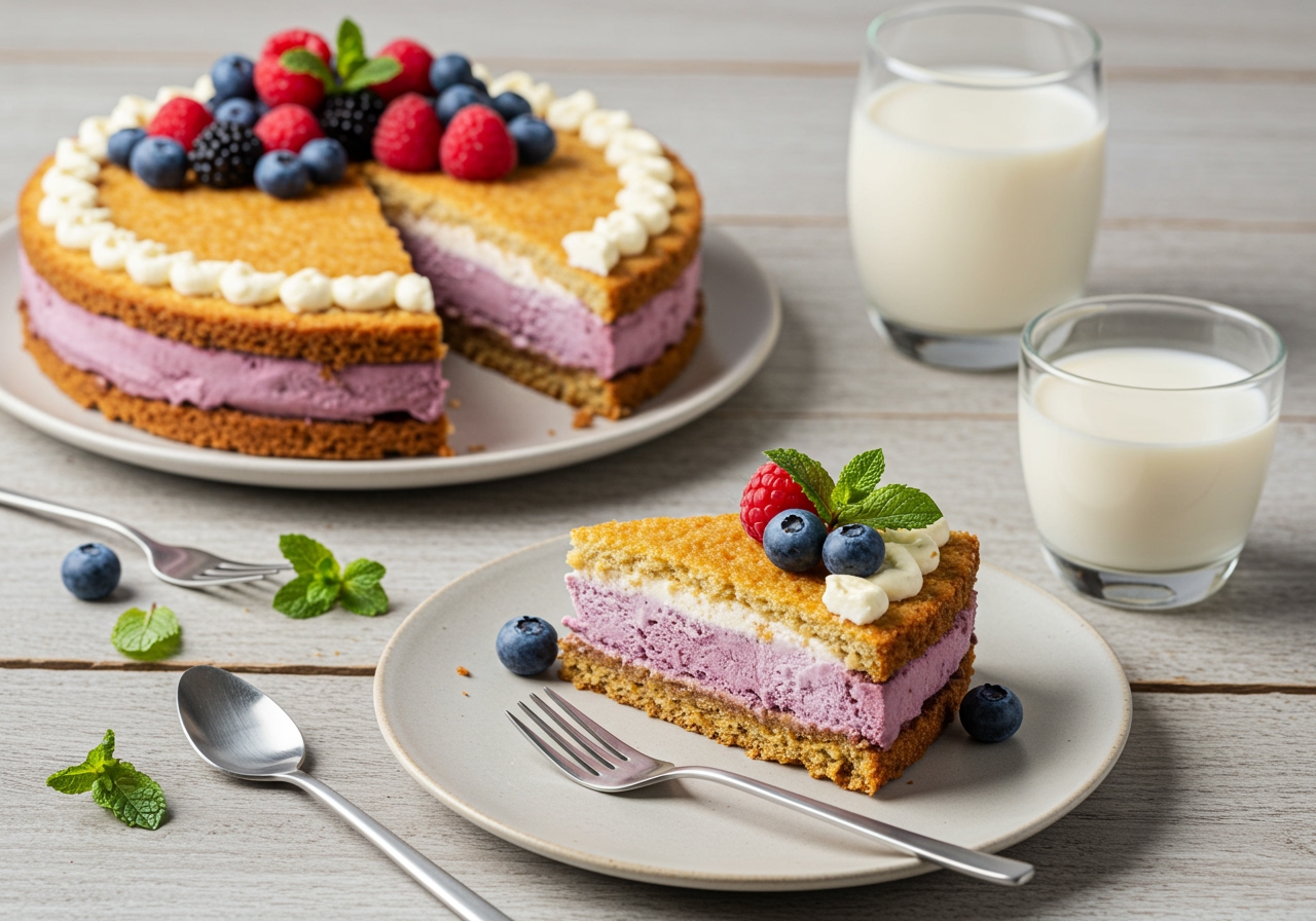 A table setting with a beautifully arranged slice of healthy ice cream sandwich cake, garnished with fresh berries and a mint sprig, with a small glass of plant-based milk.