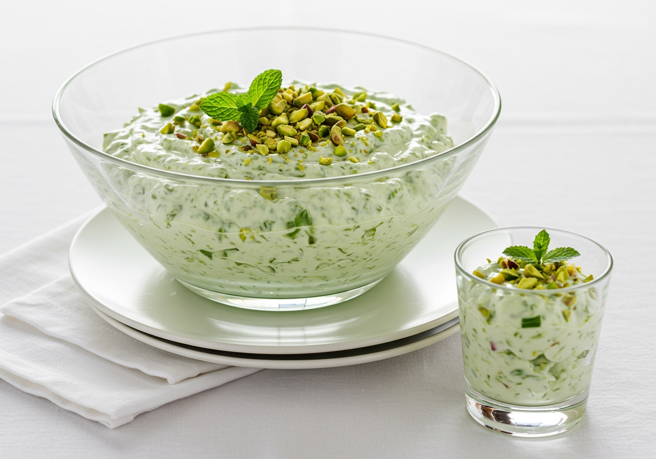 A table setting with a bowl of modern Watergate salad, garnished with fresh mint and chopped pistachios, alongside a small glass of the salad. Bright and inviting.