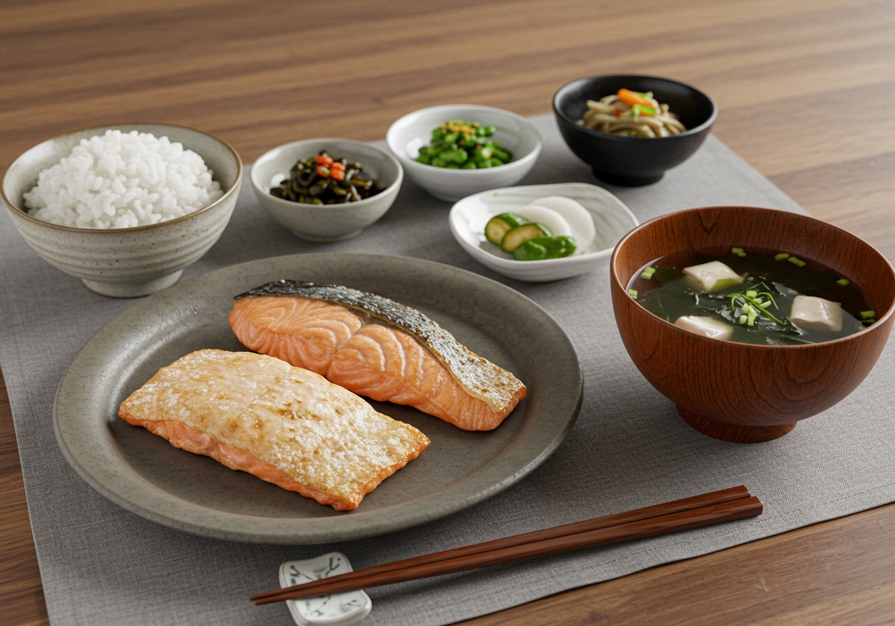 A table setting with a plate of grilled salt koji salmon, a bowl of rice, miso soup, and some small side dishes - representing a typical Japanese healthy meal.