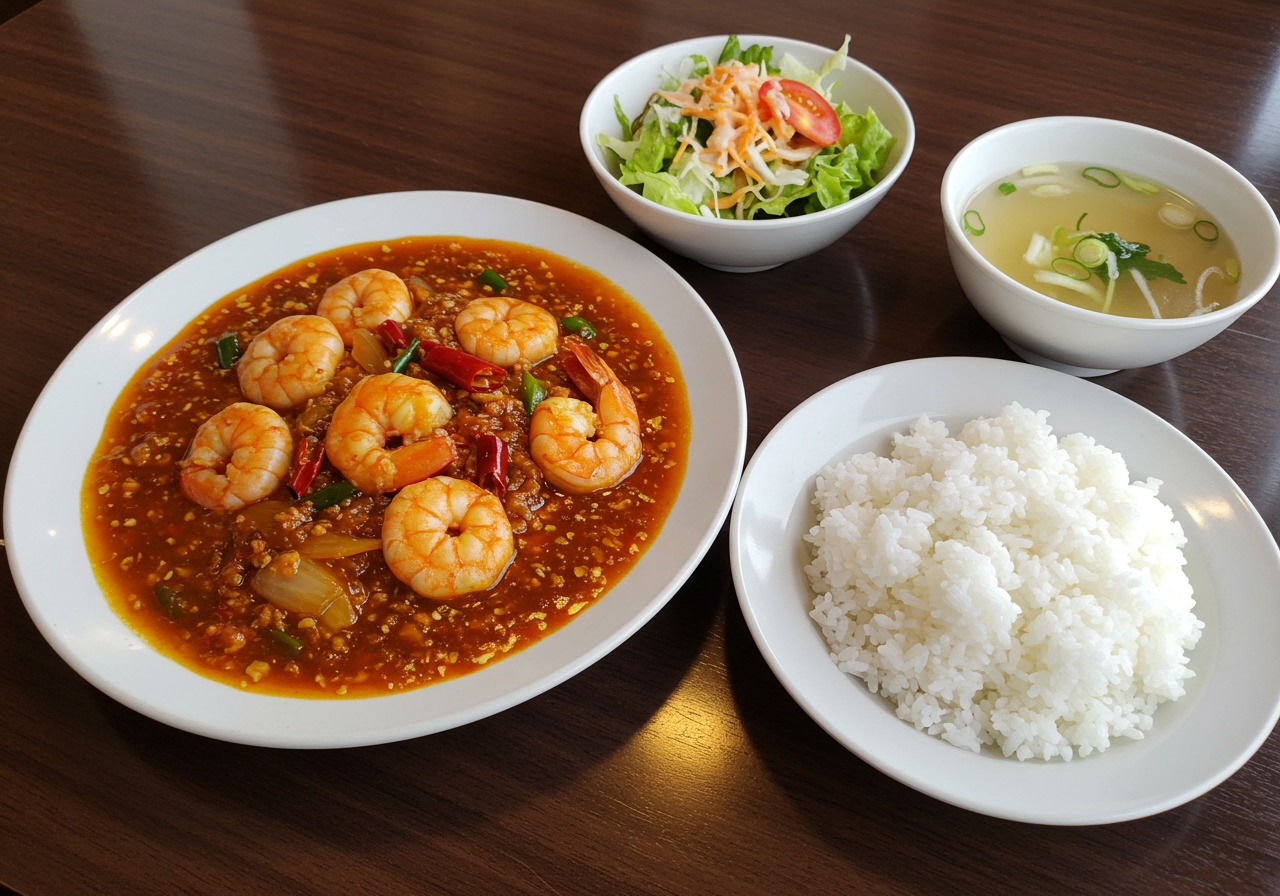 A table setting with a plate of spicy shrimp chili, rice, and perhaps a simple Chinese soup and salad, suggesting a full meal.