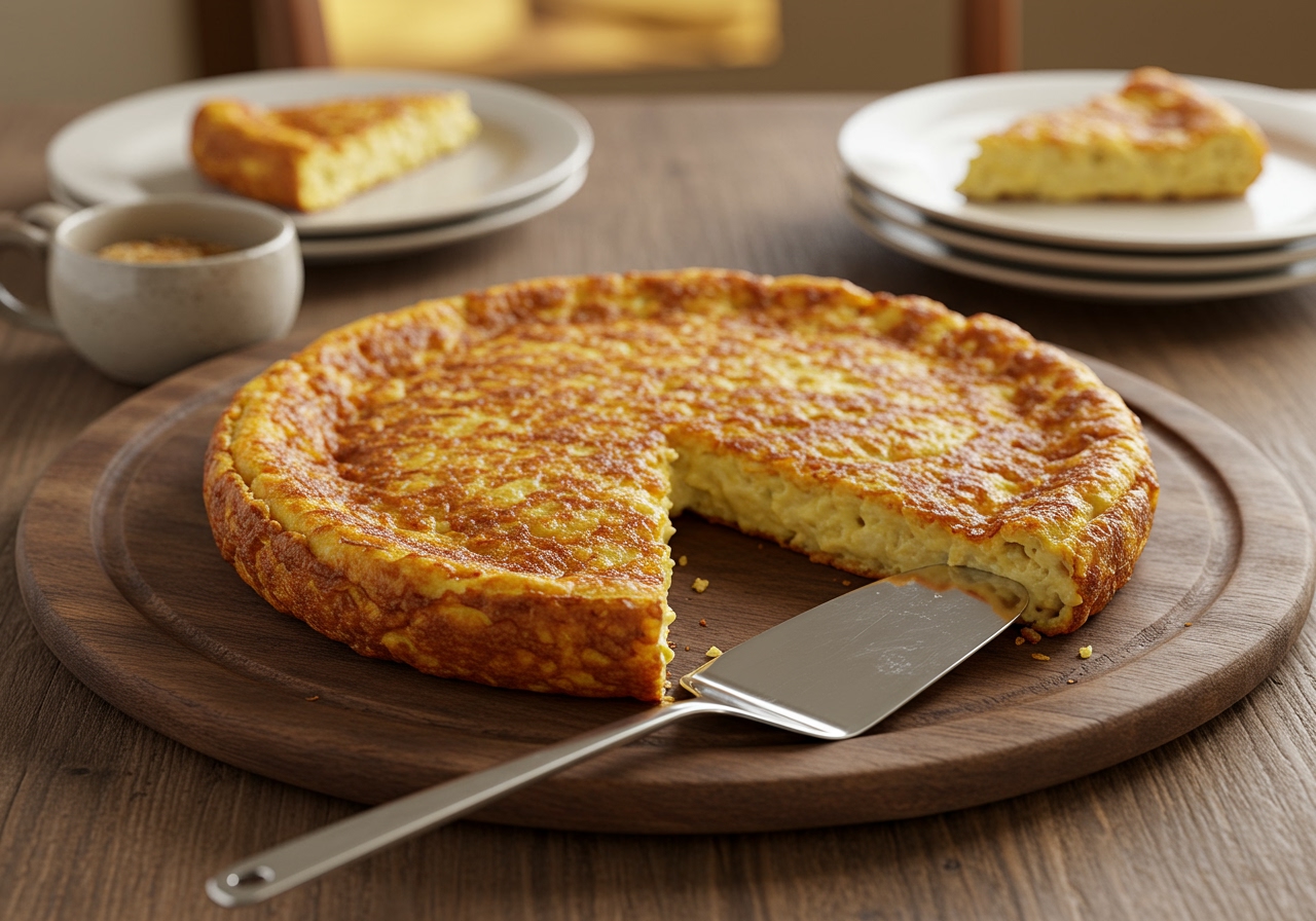 A table setting with a whole cheese rösti, a serving spatula, and individual plates.