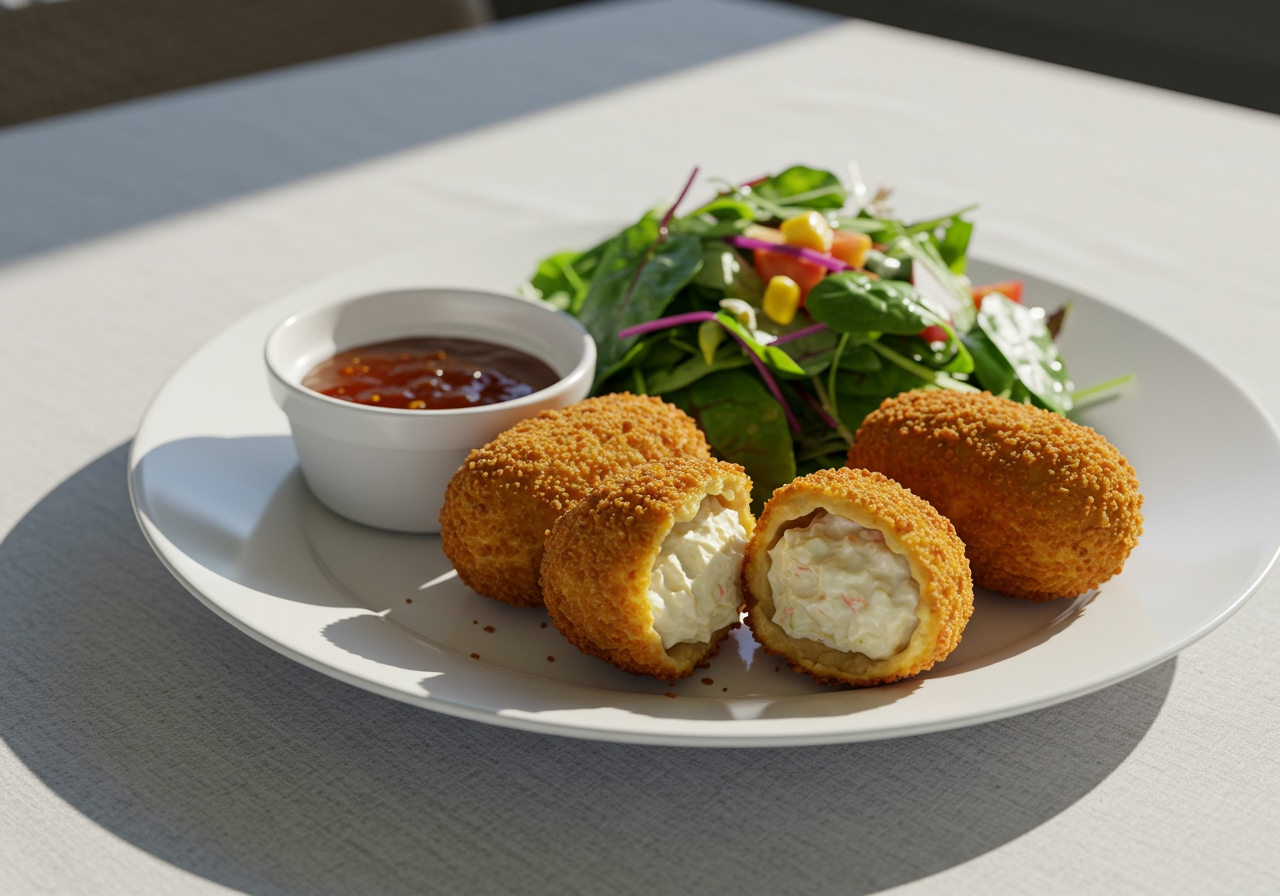A table setting with air-fried crab cream croquettes, served with sauce and a side salad, looking delicious and healthy