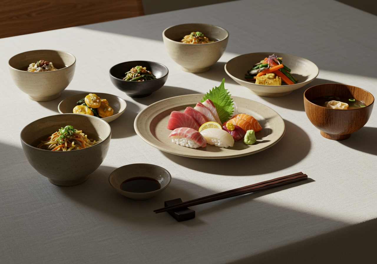 A table setting with chopsticks, bowls, and a plate of healthy Japanese food under warm lighting, suggesting a pleasant dinner experience.