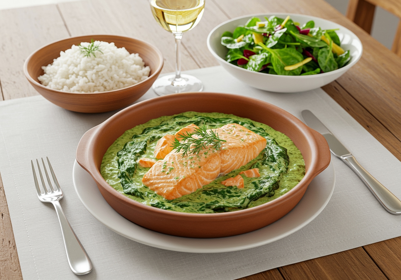 A table setting with the finished salmon and spinach cream stew served in a bowl, accompanied by a side of rice and a green salad.