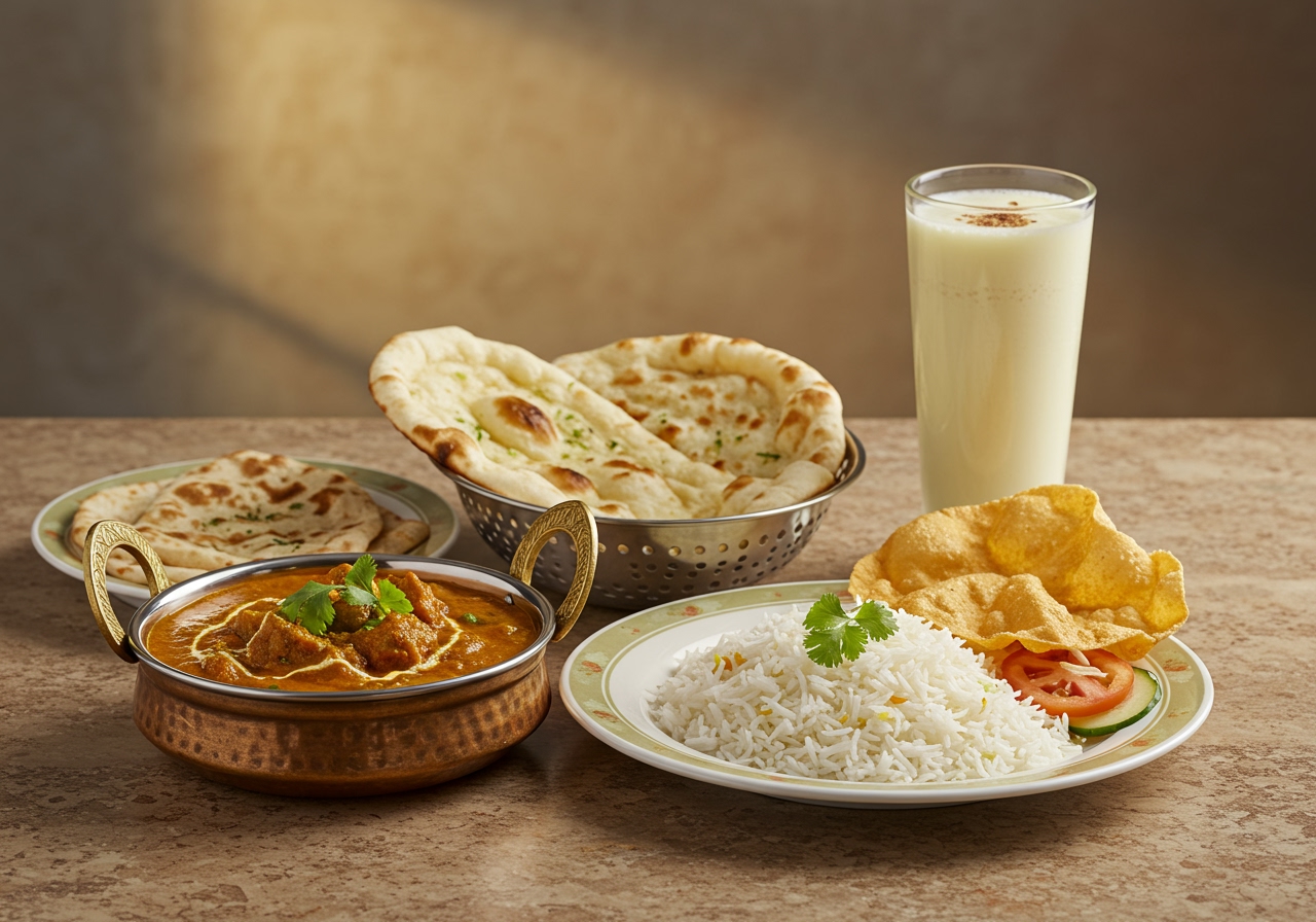 A table setting with various Indian dishes (curry, rice, bread) alongside a glass of lassi (could be sweet or spicy lassi).