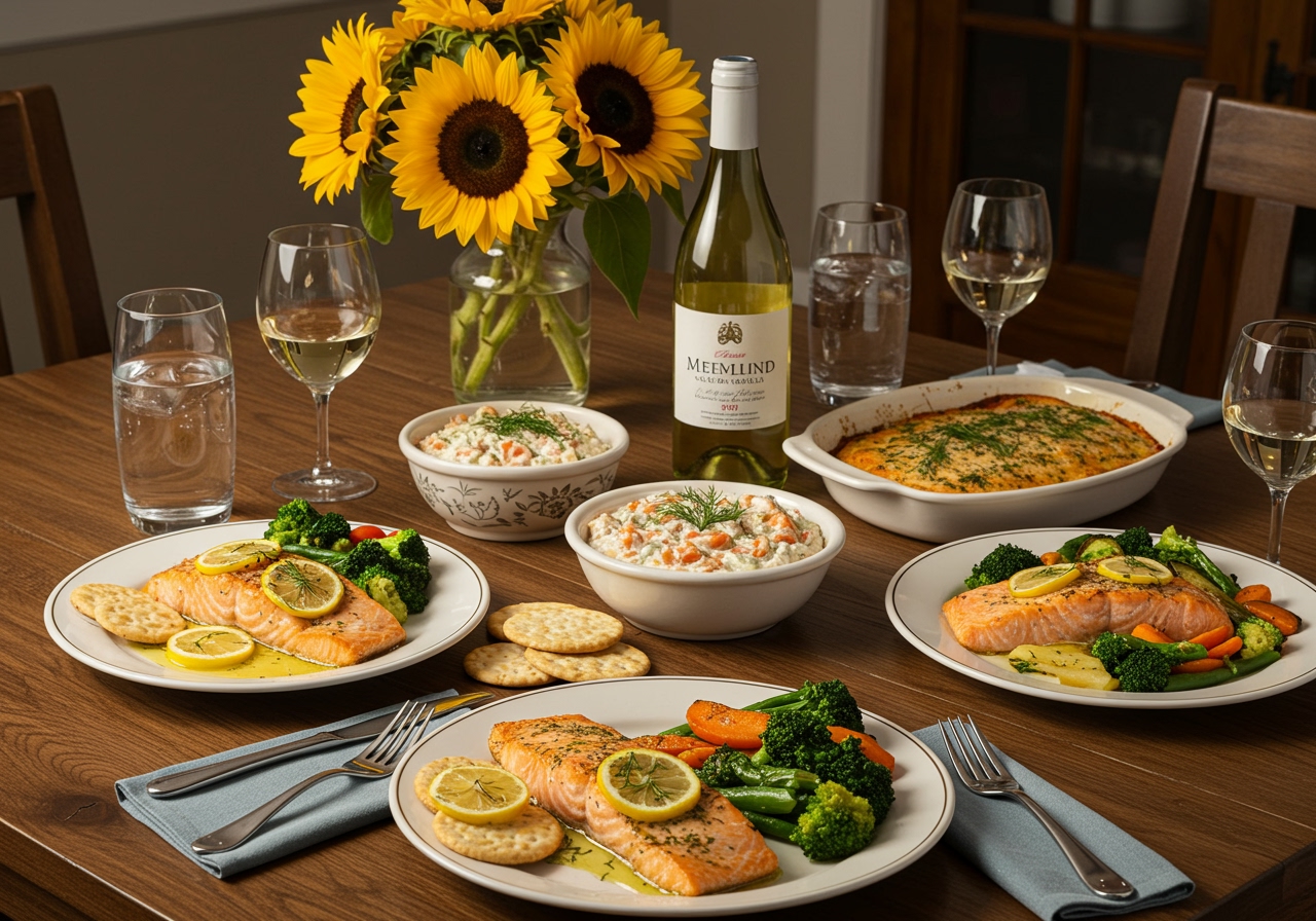 A table setting with various salmon dishes, suggesting a family meal