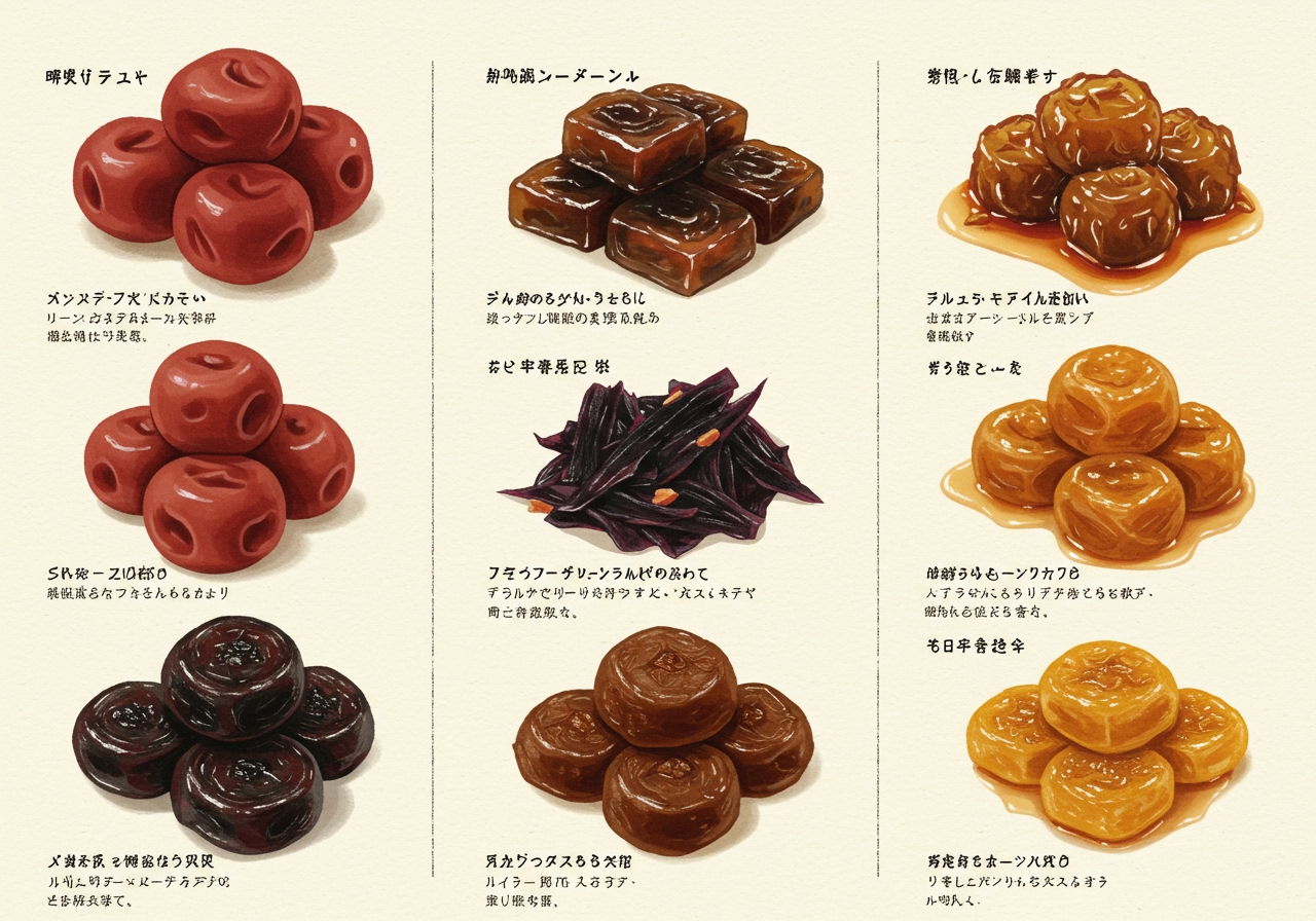 A table showing different types of umeboshi (e.g., shiso, katsuobushi, honey)