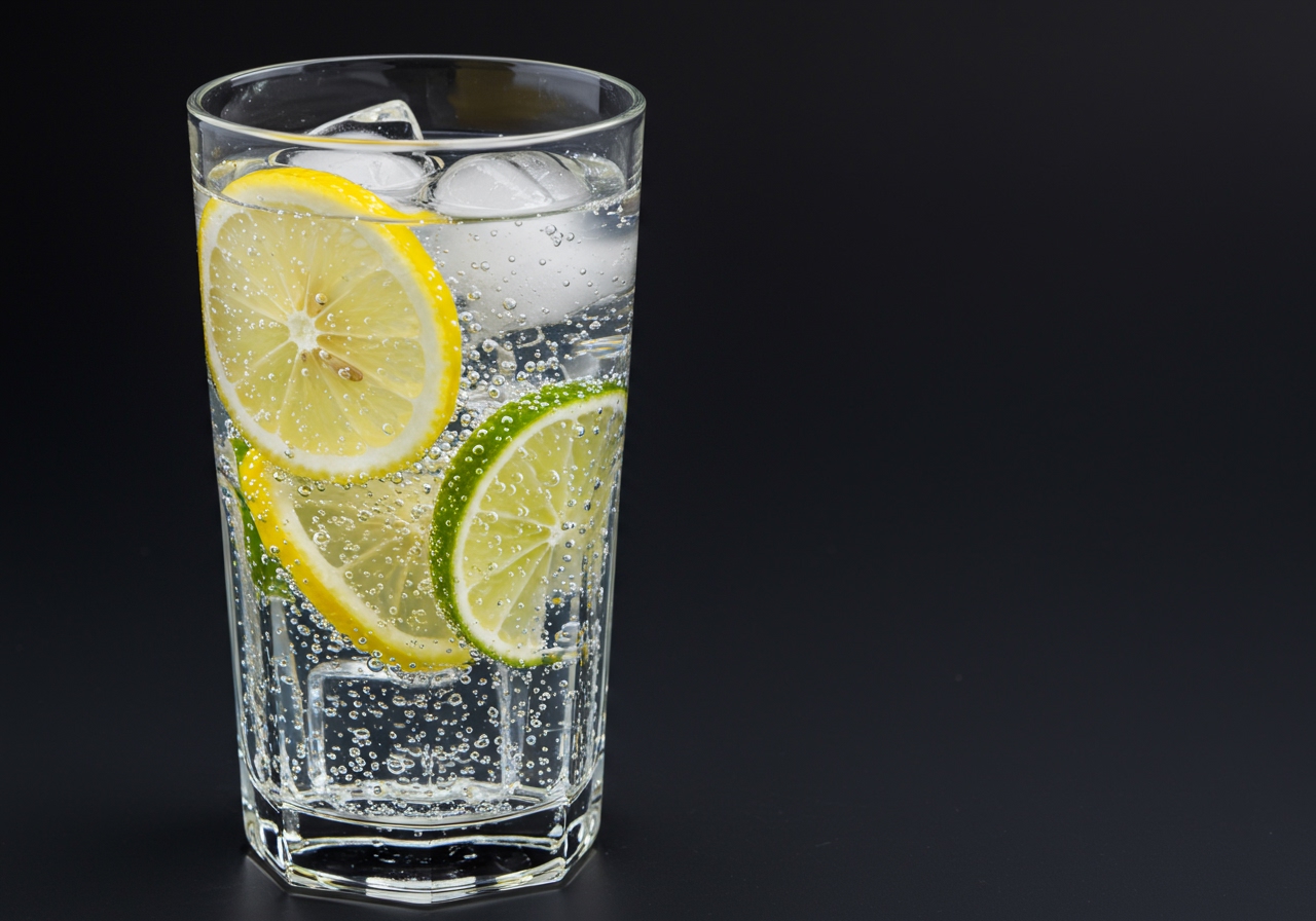 A tall glass filled with sparkling water, ice, and slices of fresh lemon and lime, with bubbles rising.