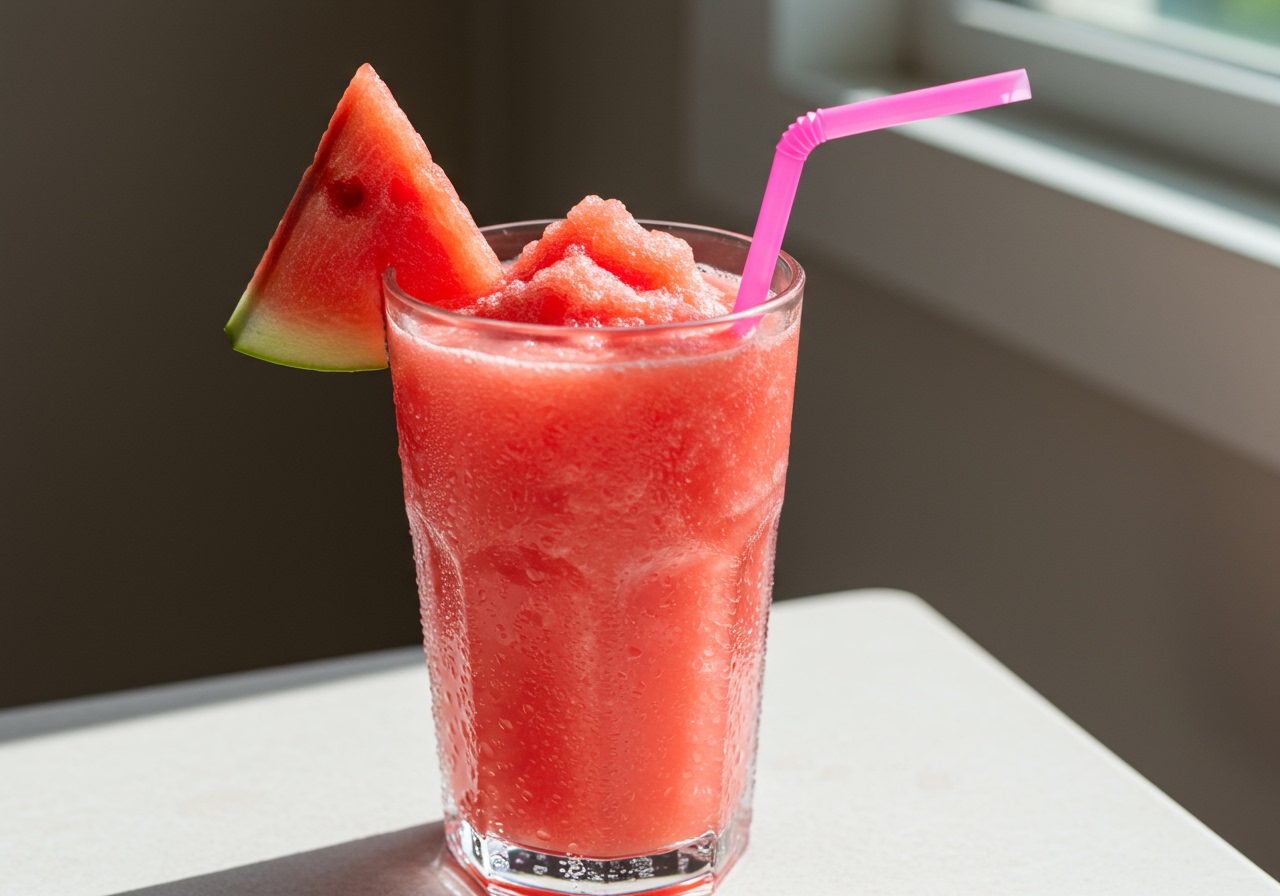A tall glass of vibrant pink, slushy watermelon smoothie with a straw and a small watermelon wedge garnish.