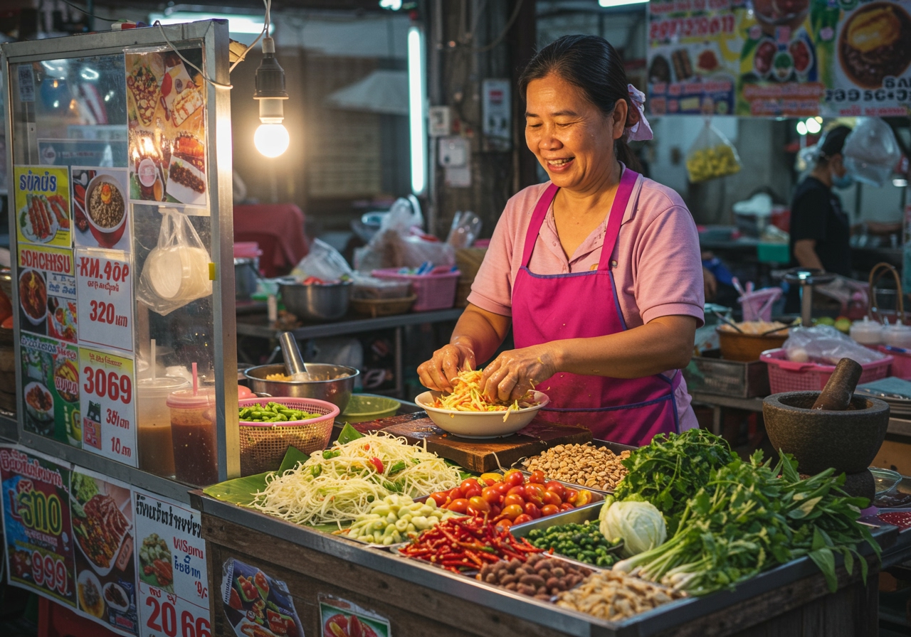 A Thai street food vendor preparing Yam Woon Sen at a bustling market stall, showing the array of ingredients and the mixing process.
