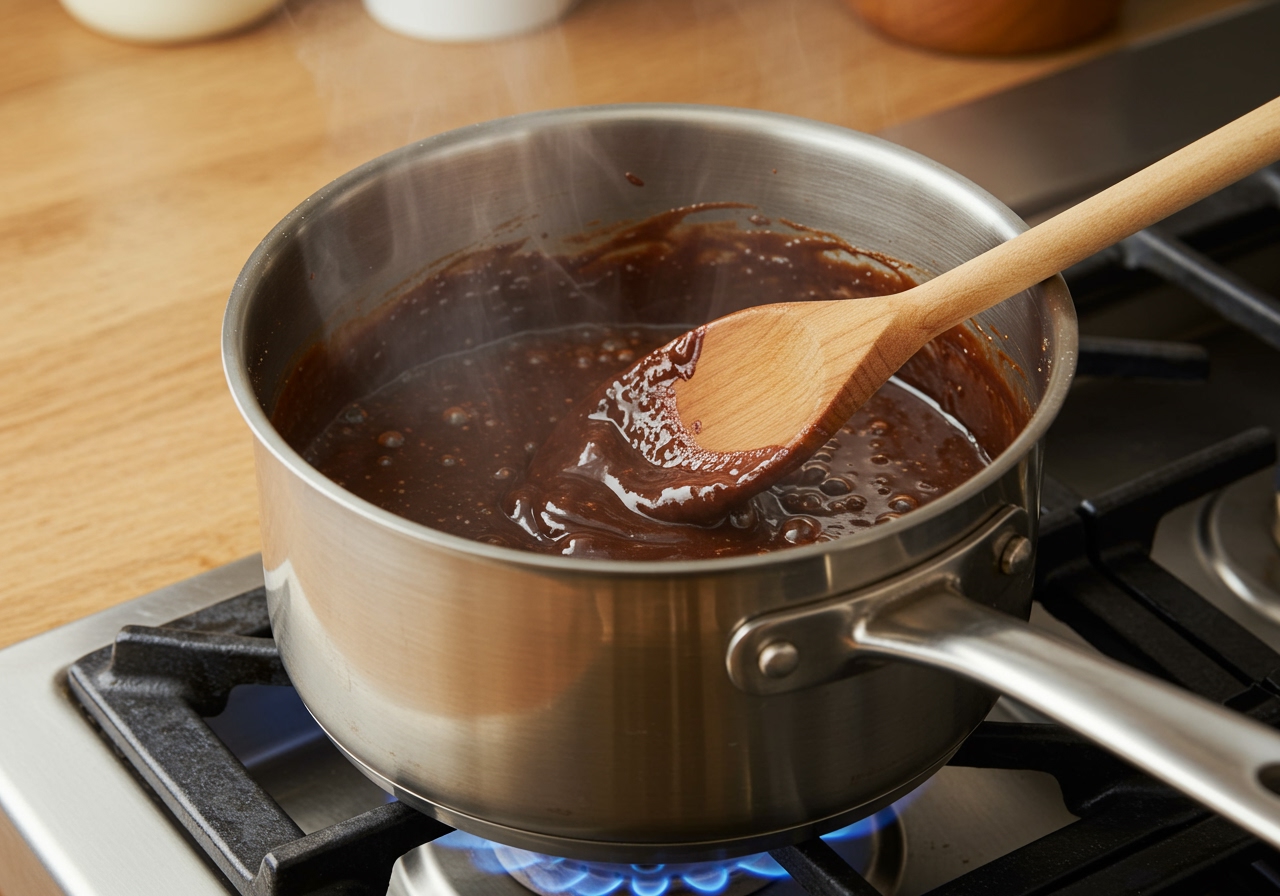 A thick-bottomed saucepan on a stove, containing bubbling fudge mixture being stirred with a wooden spoon