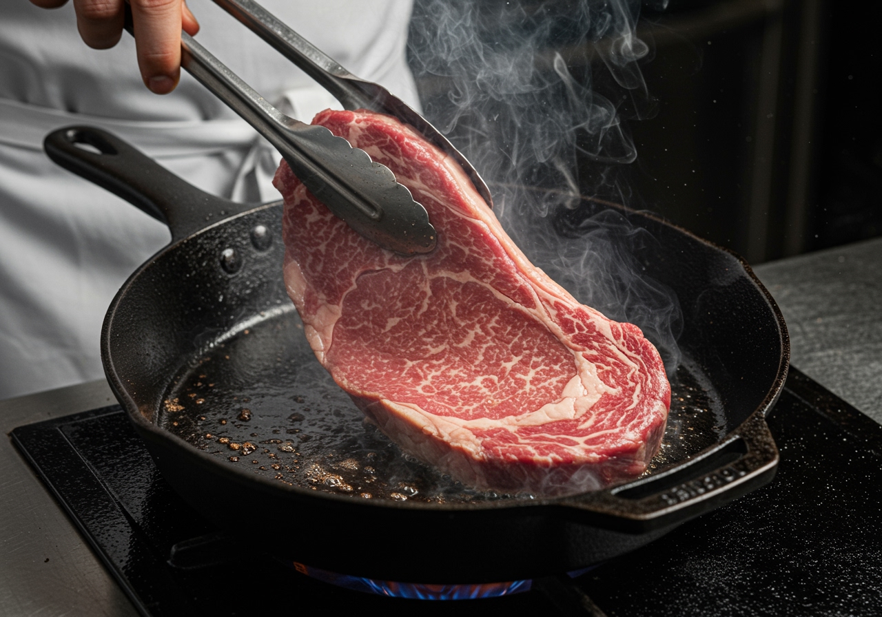 A thick raw steak sizzling vigorously in a hot cast-iron skillet, with visible browning on the bottom side and smoke rising, professional cooking scene.