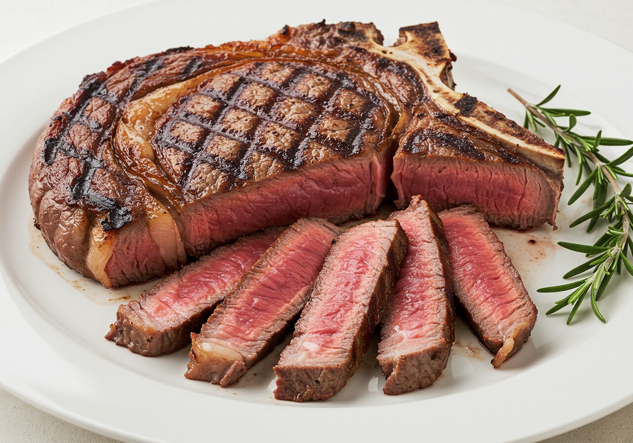 A thick steak with perfect grill marks, showing a juicy medium-rare interior when sliced, served beautifully on a white plate with a sprig of rosemary.