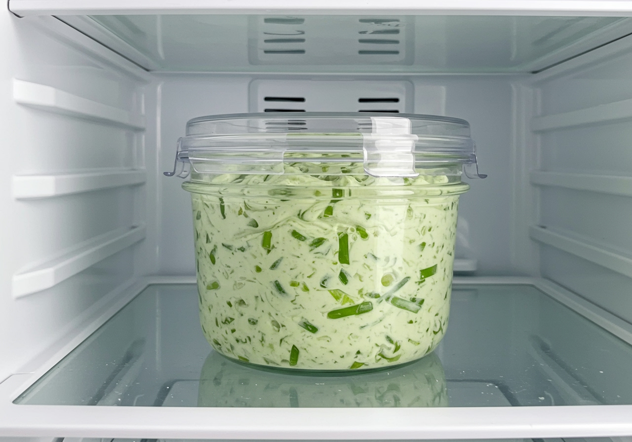A tightly sealed glass container filled with green onion cream cheese, placed inside a clean refrigerator.