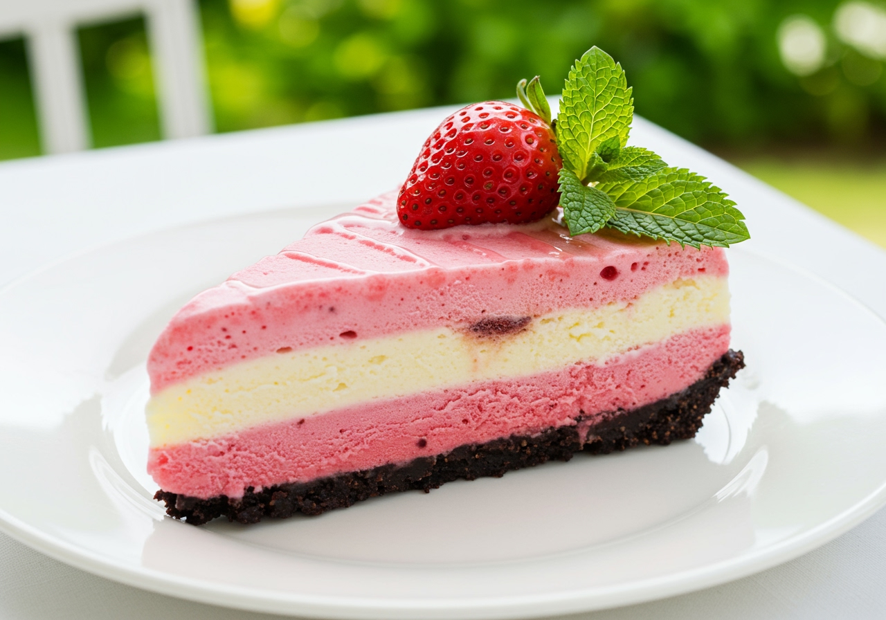 A top-down shot of a beautifully arranged slice of ice cream pie on a plate, perhaps garnished with a berry and a mint leaf.