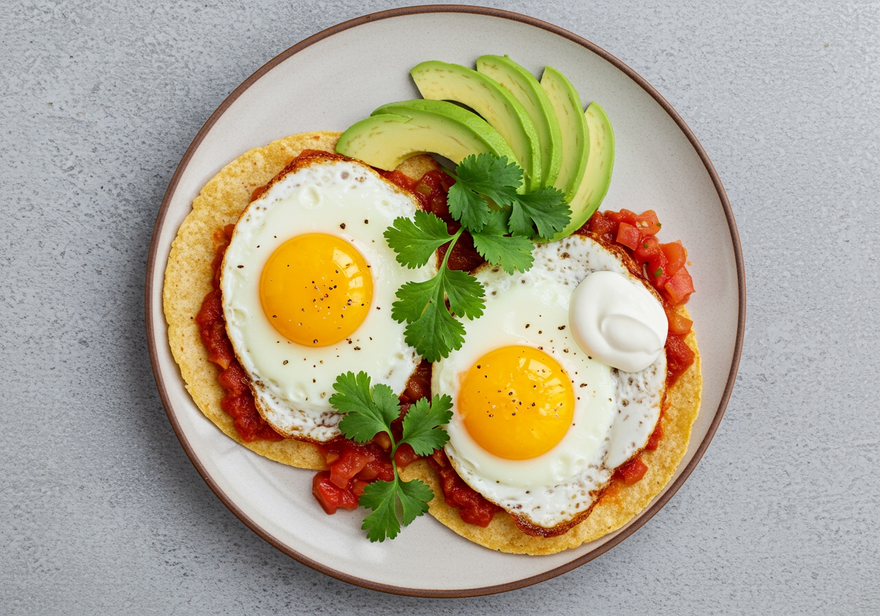 A top-down shot of a beautifully plated Huevos Rancheros dish, showing two tortillas, two fried eggs covered in salsa, and garnished with fresh cilantro, sliced avocado, and a dollop of sour cream.
