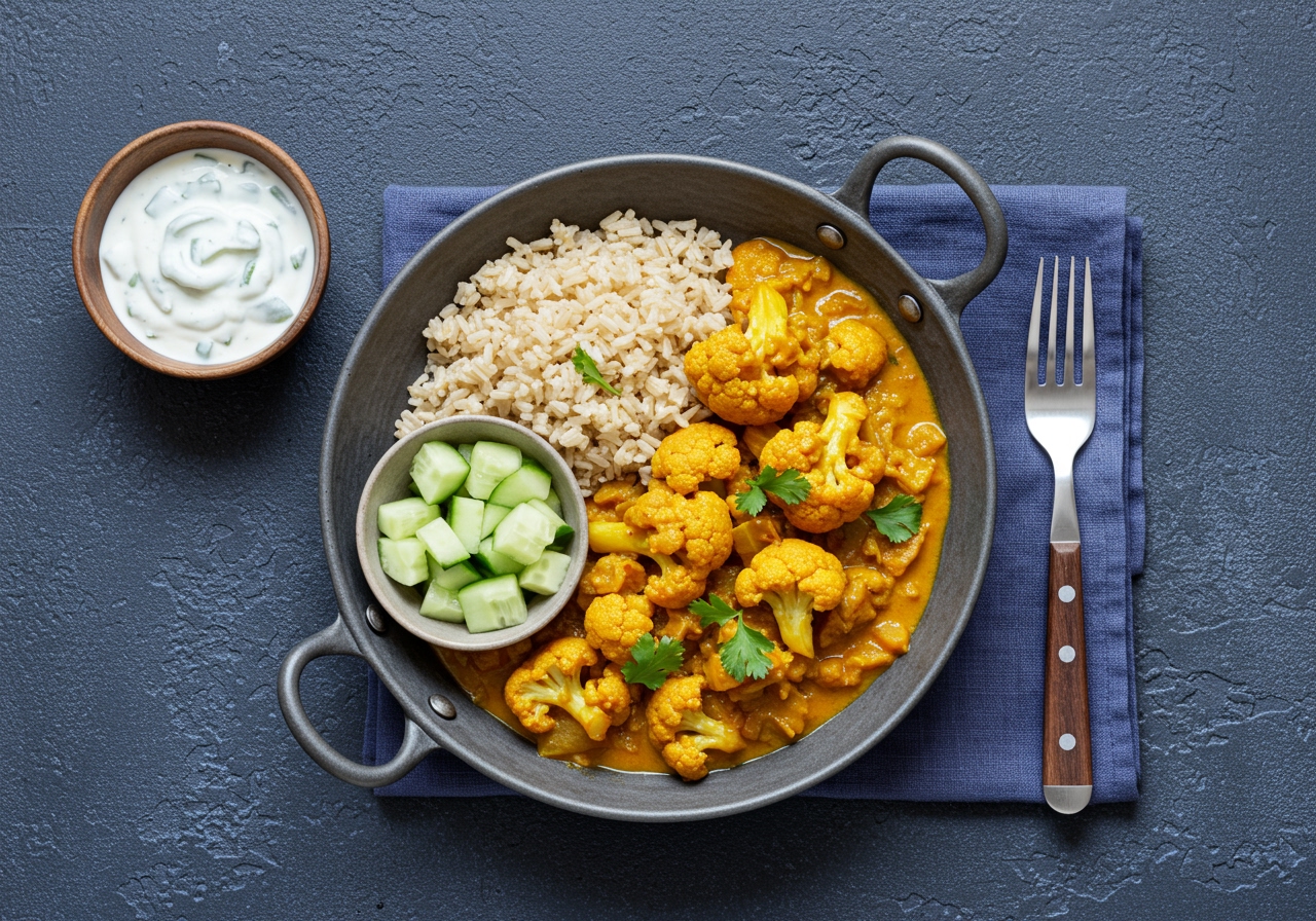 A top-down shot of a beautifully presented plant-based cauliflower curry with a side of brown rice and a small bowl of fresh cucumber raita, ready to be served.