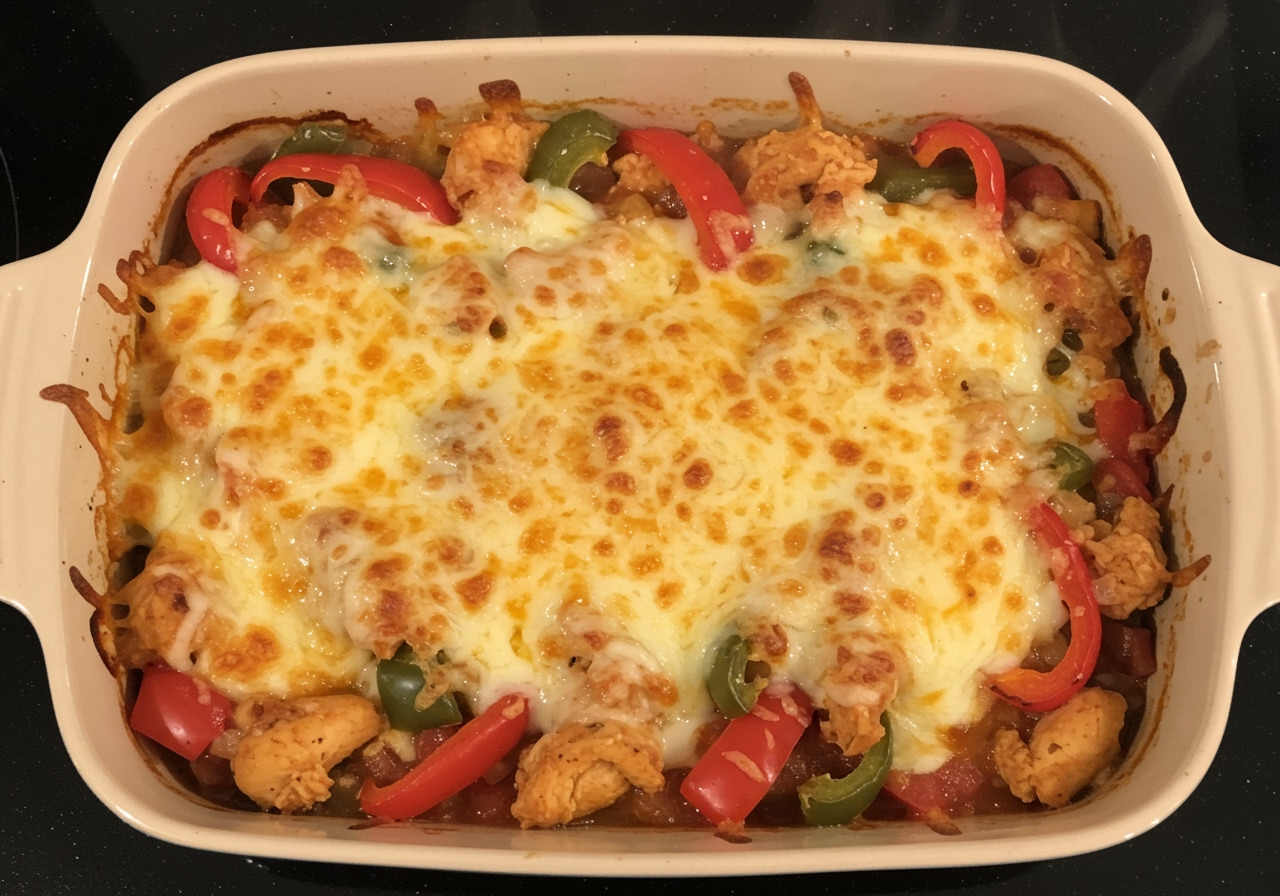 A top-down shot of a bubbling Tex-Mex chicken casserole in a baking dish, fresh out of the oven, with melted cheese and vibrant colors.
