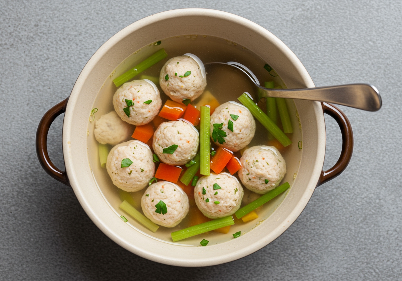 A top-down shot of a serving bowl filled with the finished shrimp ball soup, showing the texture of the shrimp balls, colorful vegetables, and the clear broth. A spoon is resting in the bowl.