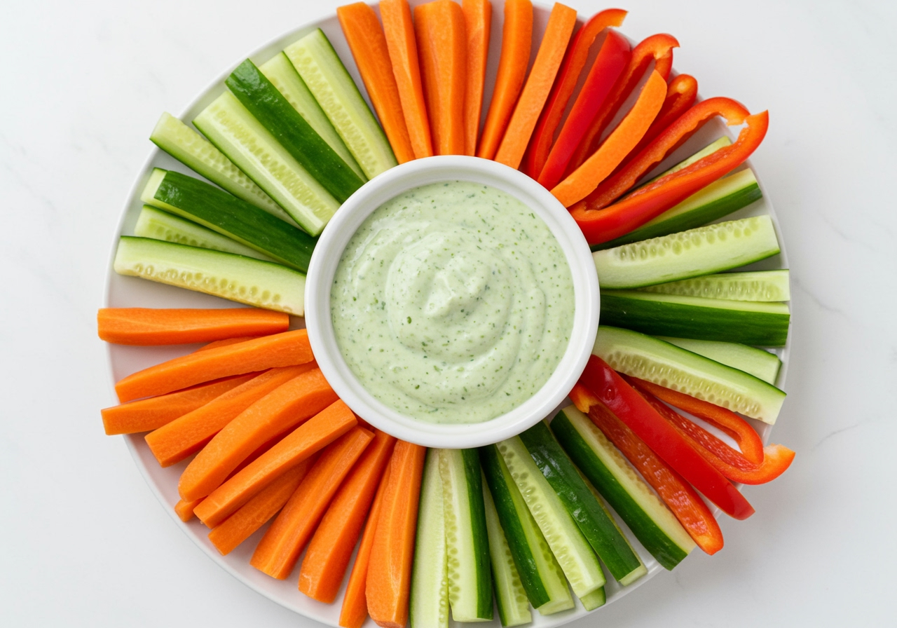 A top-down shot of a small plate with vegetable sticks (carrots, cucumbers, peppers) arranged around a bowl of the cilantro lime yogurt sauce for dipping.