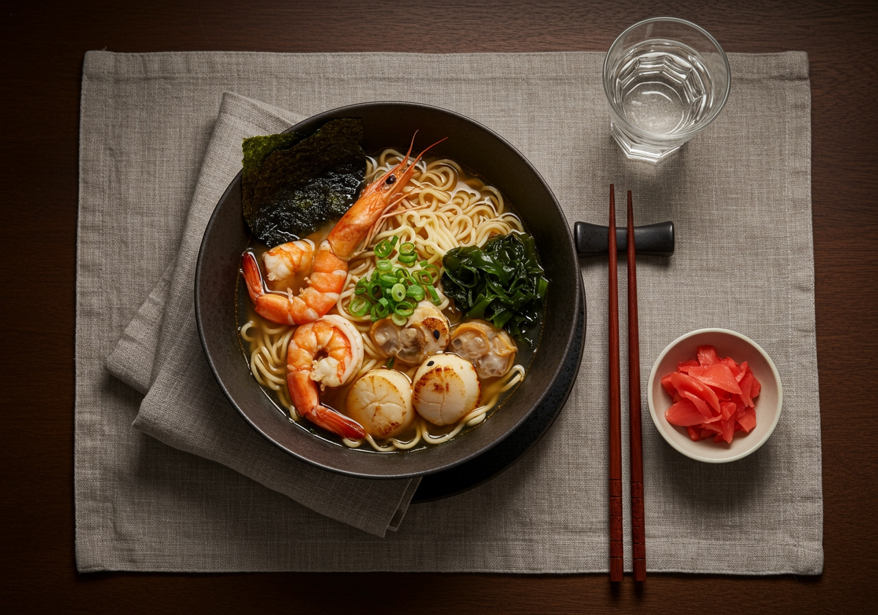A top-down shot of a table setting with a steaming bowl of homemade seafood ramen, chopsticks, and perhaps a side dish or drink, suggesting a cozy meal.