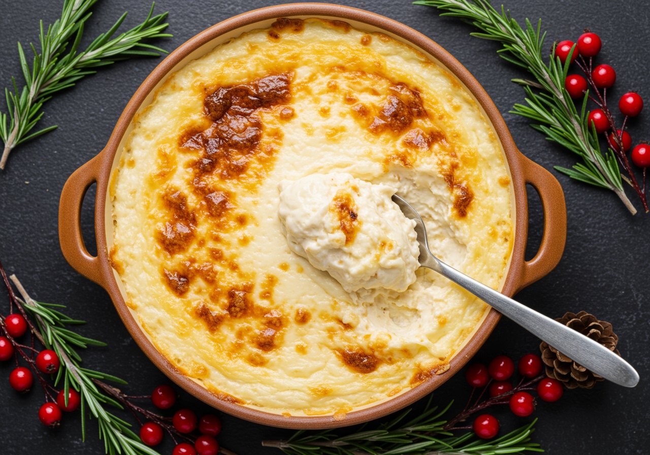 A top-down shot of the Christmas cheese dip in a festive bowl, with a serving spoon. The dip looks creamy and rich, with golden-brown edges. Surrounding it are sprigs of rosemary and small red berries for a holiday touch.