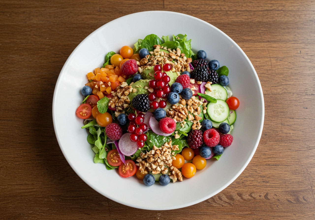 A top-down shot of the finished Claremont salad, garnished with extra berries and nuts, ready to be served.