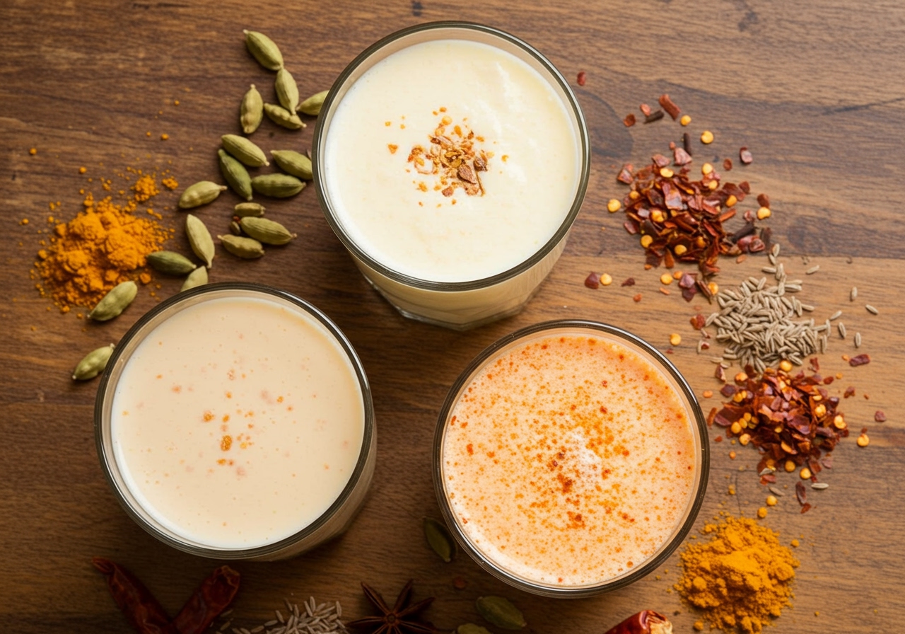 A top-down shot of three different glasses of lassi (sweet, salted, spicy) on a rustic wooden table, perhaps with some spices around.