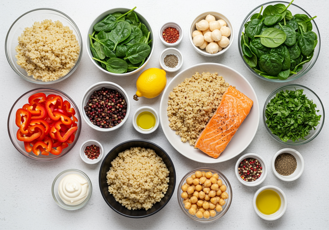 A top-down shot of various fresh ingredients for Lavartini laid out on a clean white countertop, including leafy greens, colorful bell peppers, cooked quinoa, grilled salmon, chickpeas, and a selection of herbs and spices.