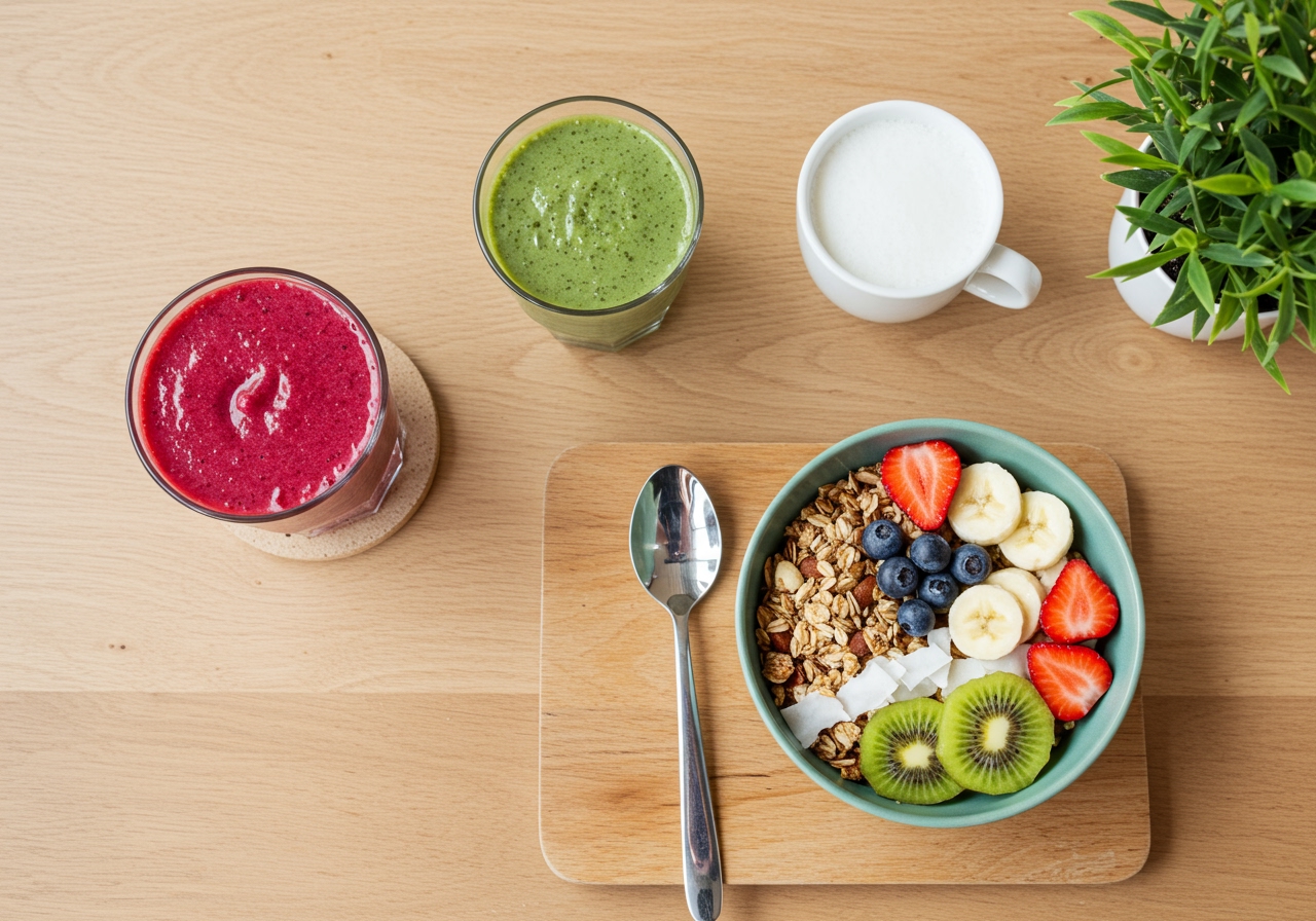 A top-down view of a complete breakfast setup on a light wooden table, featuring a vibrant berry green smoothie in a glass, a bowl of granola with fresh fruit, and a small plant.