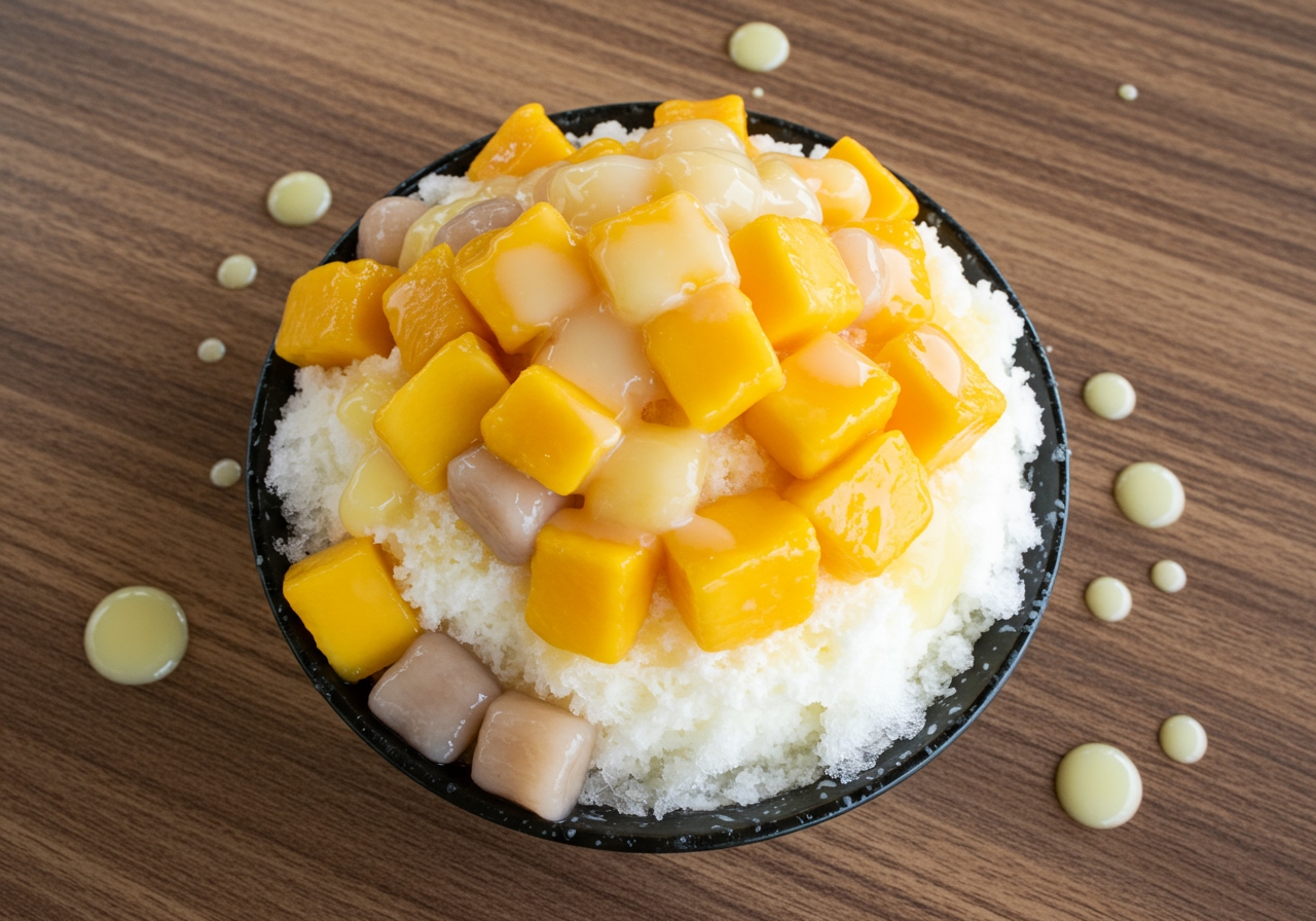 A top-down view of a finished bowl of Taiwanese mango shaved ice, with generous portions of fresh mango, condensed milk, and optional toppings like tapioca pearls.