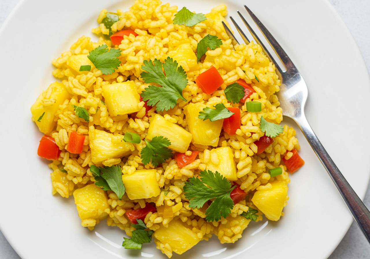 A top-down view of a serving of pineapple lime rice on a plate with a fork, showing the texture and mix of ingredients.