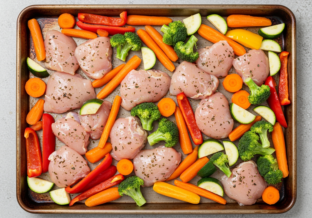 A top-down view of a sheet pan filled with colorful raw vegetables and chicken pieces, ready to go into the oven, illustrating meal preparation.