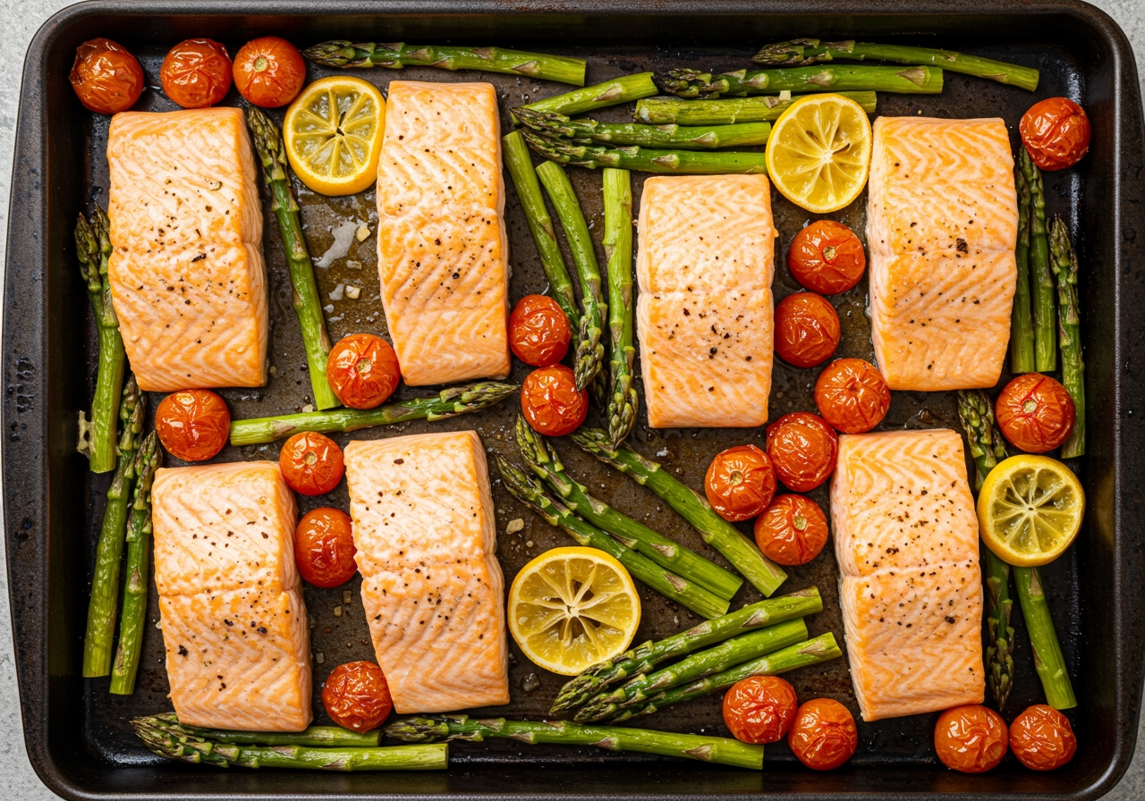A top-down view of a sheet pan filled with roasted salmon, asparagus, and cherry tomatoes, with lemon slices. The food is golden and slightly charred.
