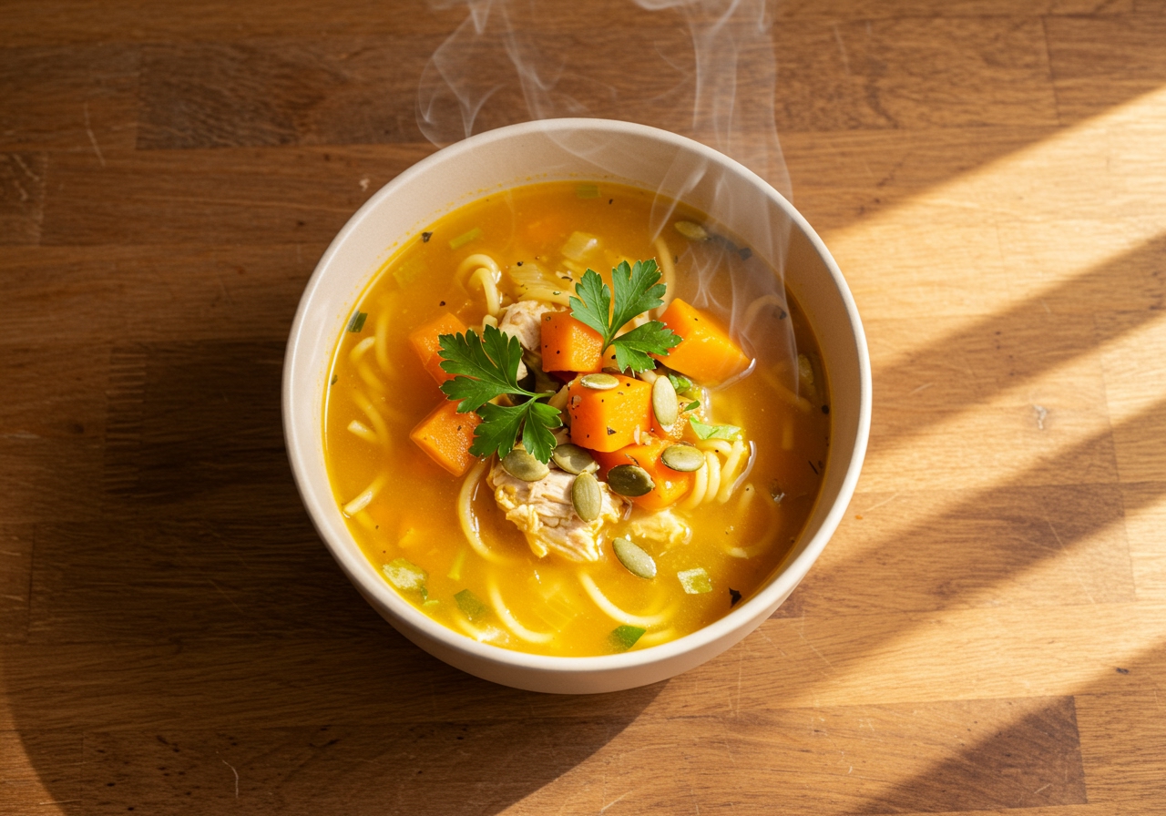 A top-down view of a single serving bowl of healthy turkey pumpkin noodle soup on a wooden table, with steam rising.