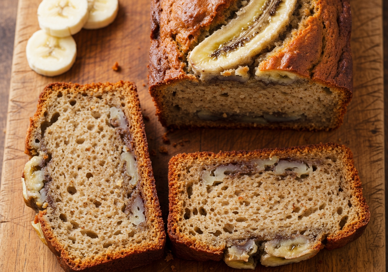 A top-down view of a sliced banana bread loaf on a wooden cutting board, showing its moist texture.