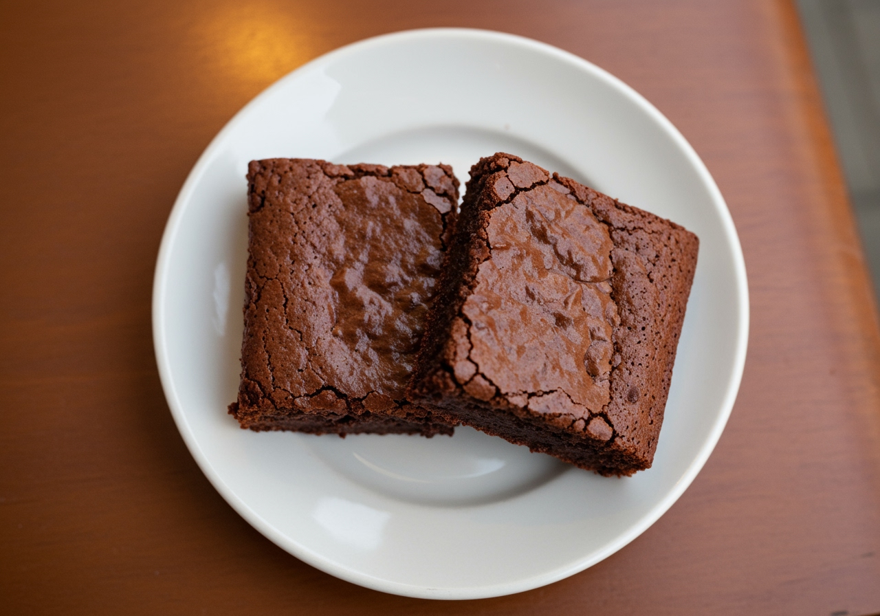 A top-down view of a small plate with two perfectly cut rich brownies, looking delicious and ready to eat.