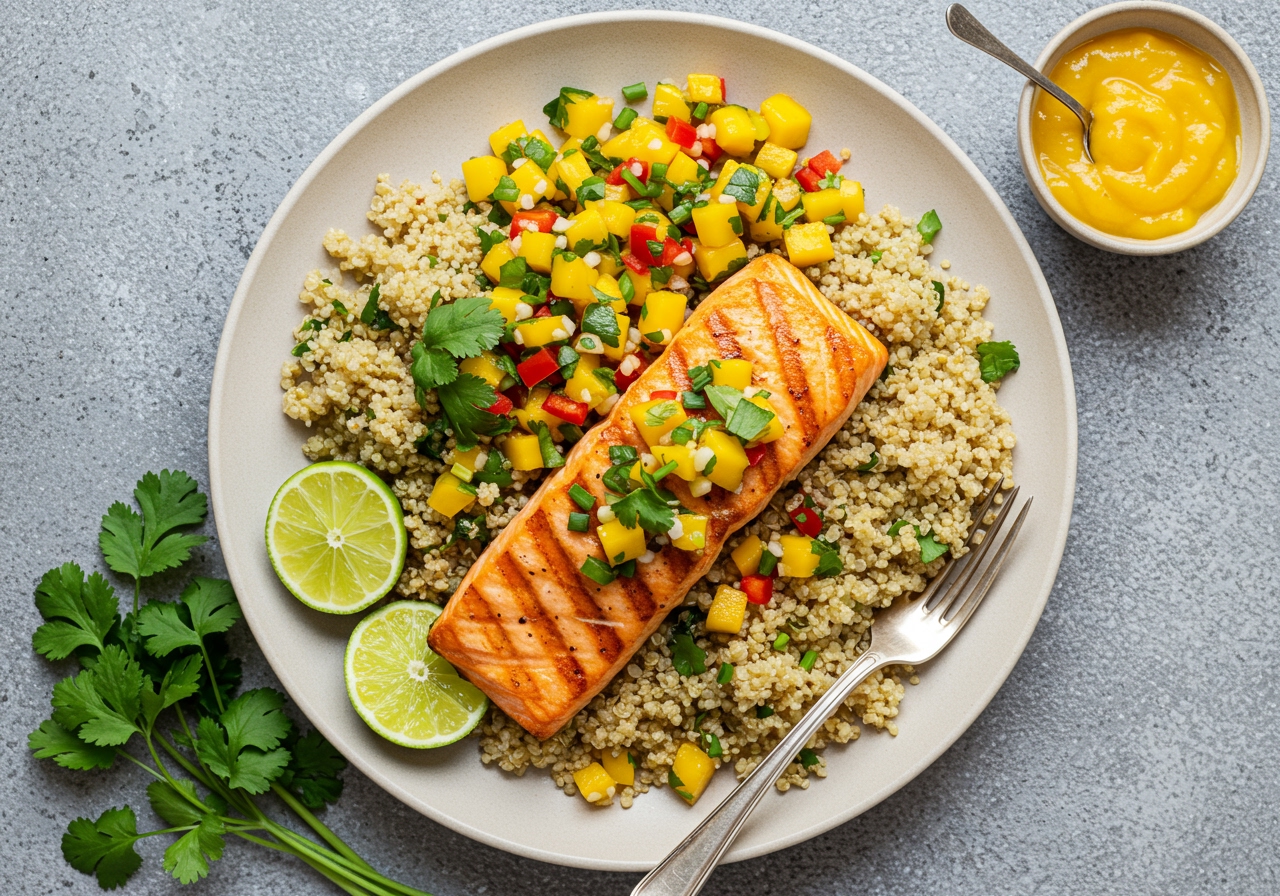 A top-down view of a vibrant, healthy meal featuring grilled salmon, fluffy quinoa, and a generous dollop of spicy mango relish on the side. Fresh herbs and lime wedges are present, emphasizing fresh ingredients and bright colors for a wholesome meal.