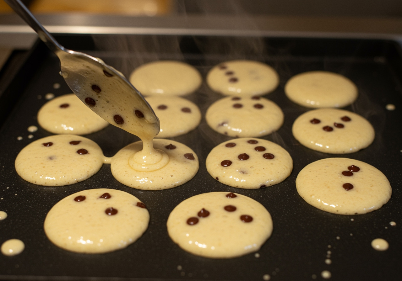 A top-down view of mini chocolate chip pancake batter being spooned onto a hot griddle, showing small circles of batter