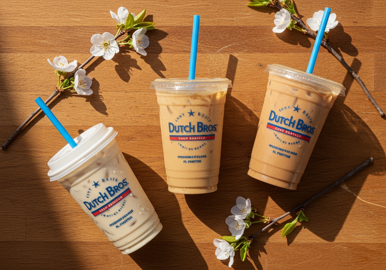 A top-down view of three different Dutch Bros drinks (representing the three revival drinks), artfully arranged on a wooden table with some spring flowers and warm sunlight, invitingly presented.